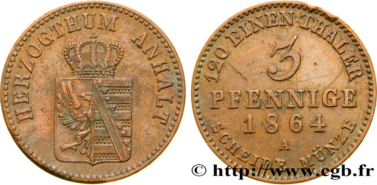 GERMANY - ANHALT 3 Pfennige Duché d’Anhalt 1864 Berlin AU 