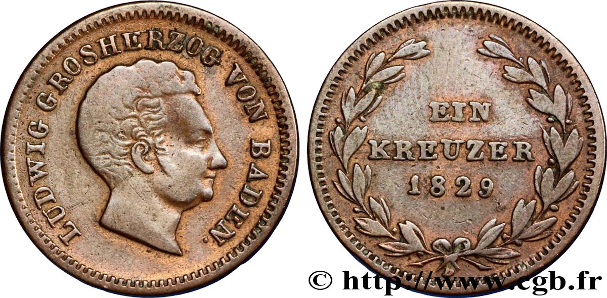 GERMANY - BADEN 1 Kreuzer Louis Grand-Duc de Bade 1829 Karlsruhe VF 