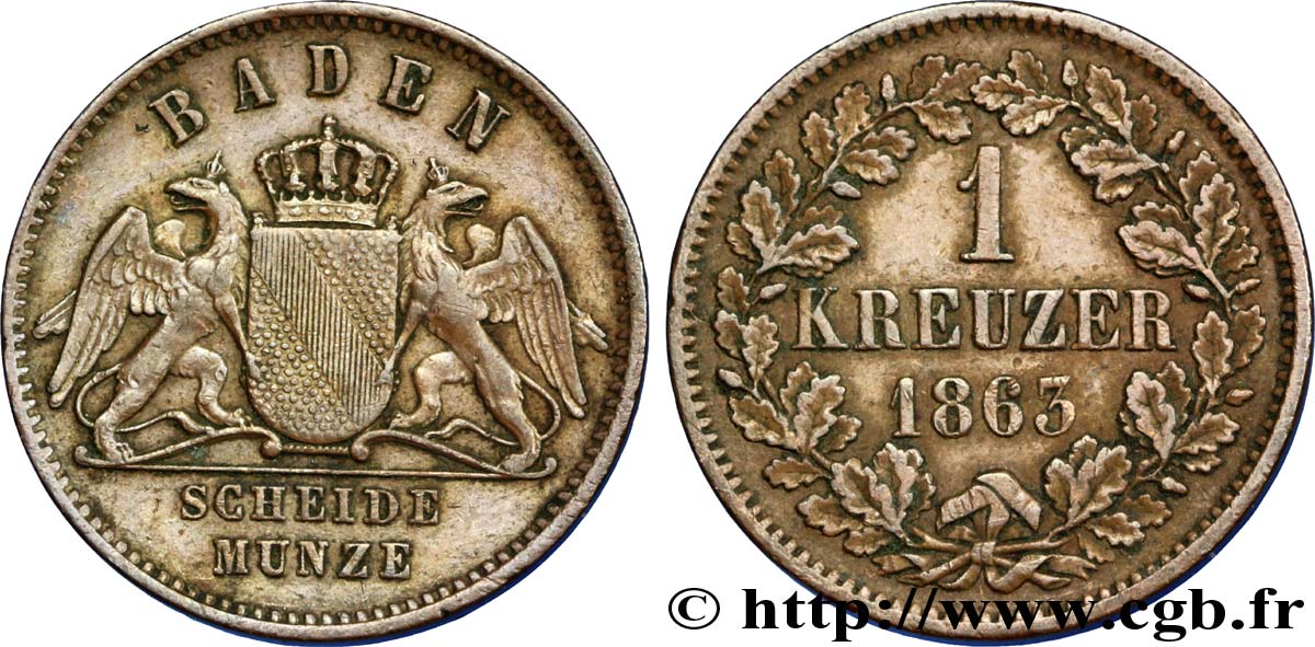 GERMANY - BADEN 1 Kreuzer Grand-Duché de Bade 1863  XF 