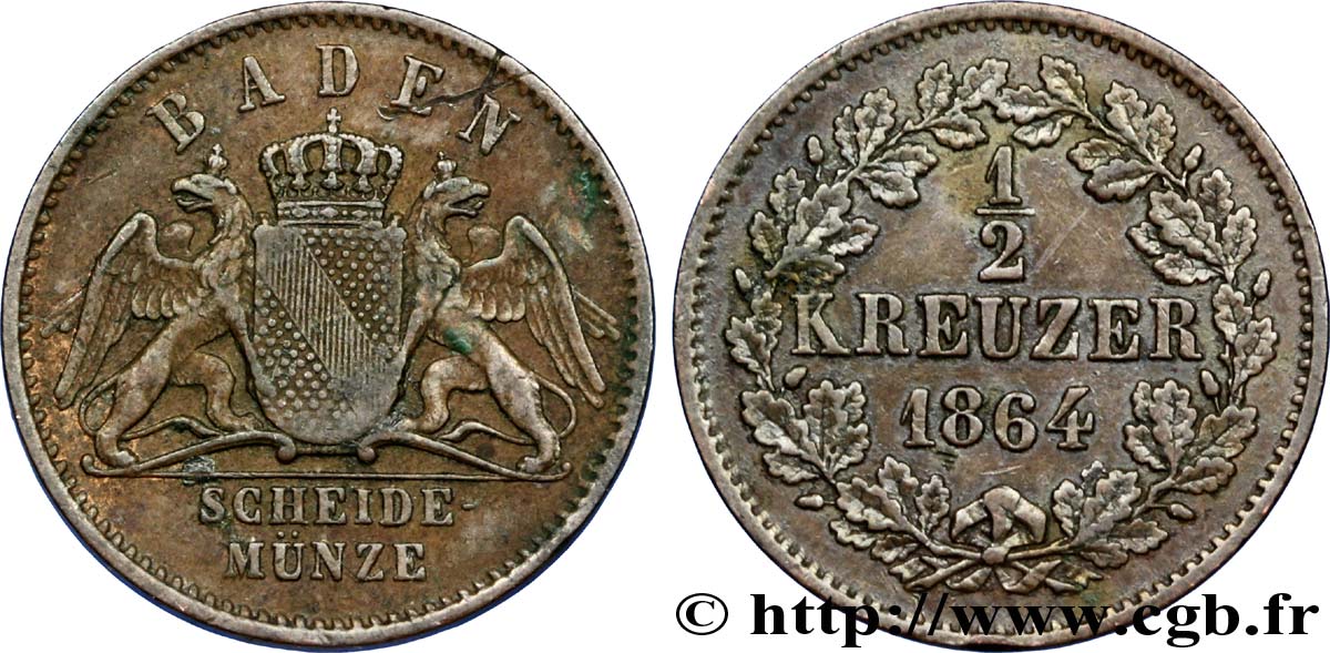 GERMANY - BADEN 1/2 Kreuzer Grand-Duché de Bade 1864  XF 
