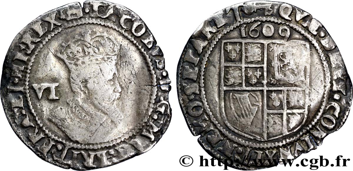 UNITED KINGDOM VI (6) Pence Jacques (James) Ier / armes 1606  VF 