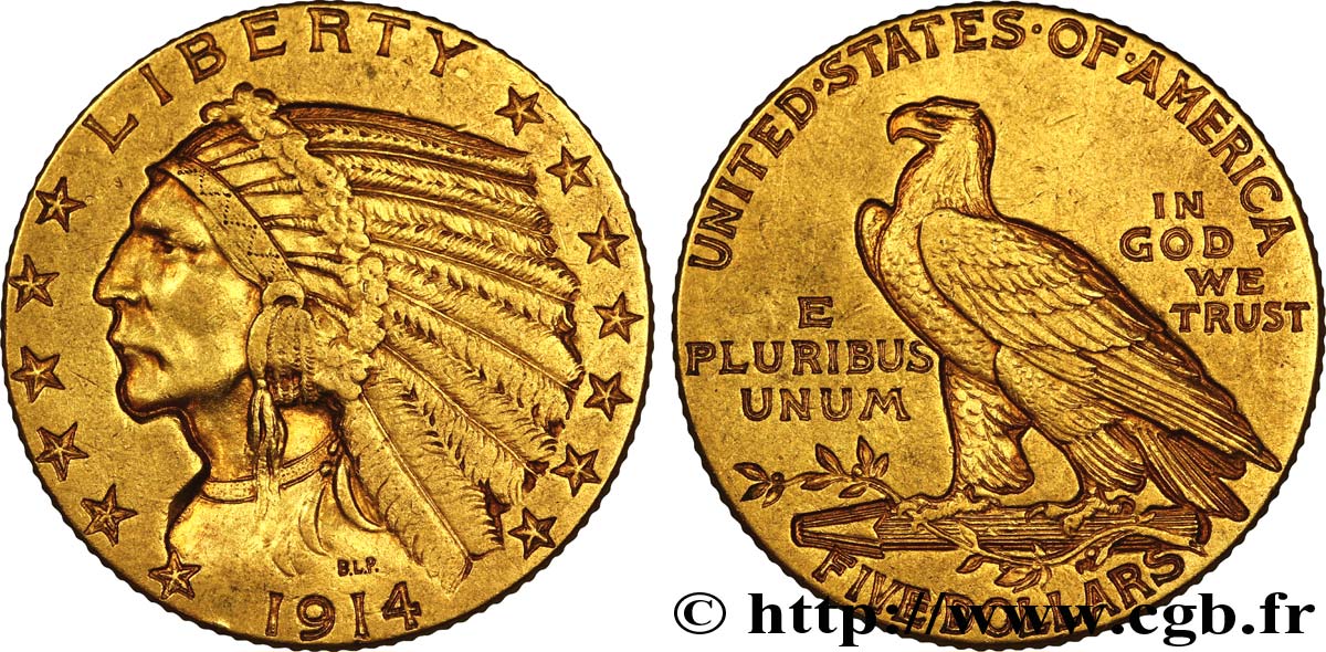 STATI UNITI D AMERICA 5 Dollars or  Indian Head  1914 San Francisco - S BB 