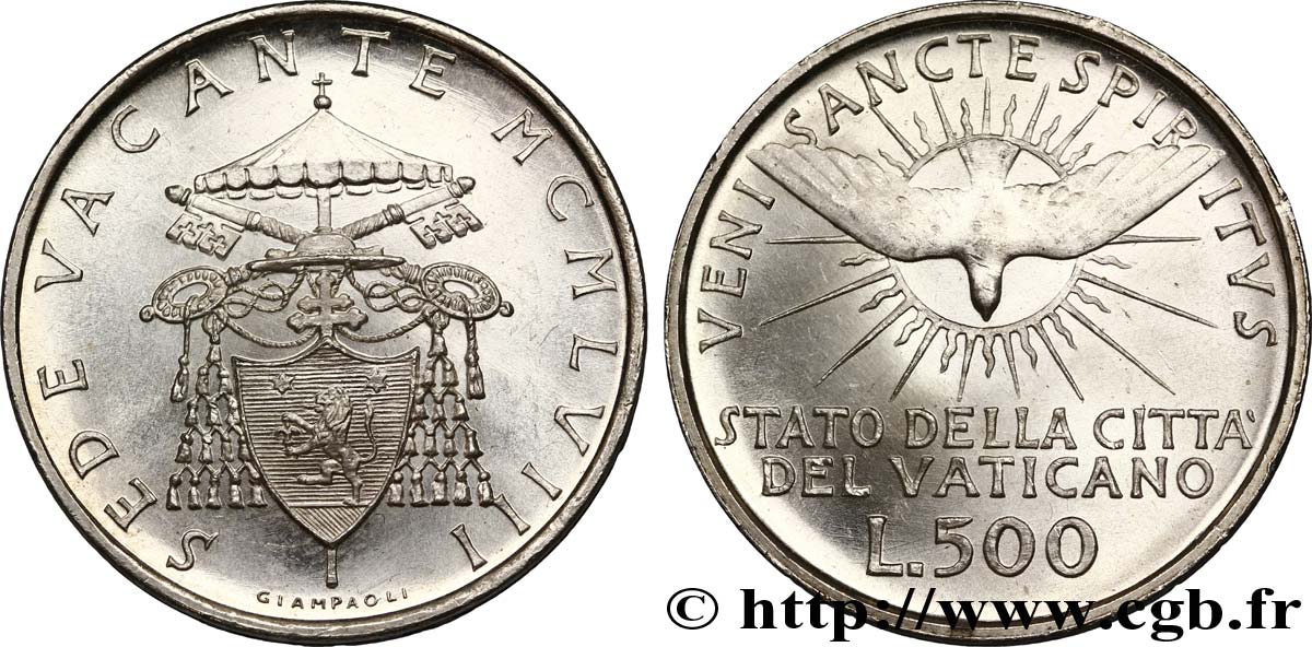 VATICAN AND PAPAL STATES 500 Lire Sede Vacante Colombe et armes du cardinal Benedetto Aloisi Masella 1958 Rome - R MS 