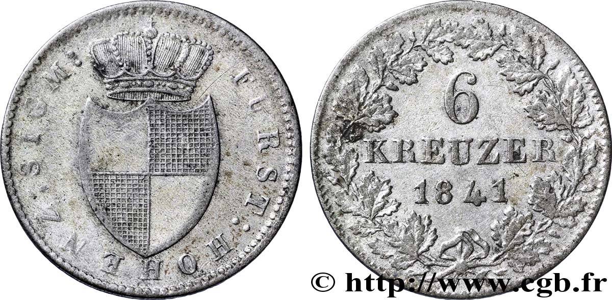 GERMANY - HOHENZOLLERN-SIGMARINGEN 6 Kreuzer  écu couronné 1841  XF 