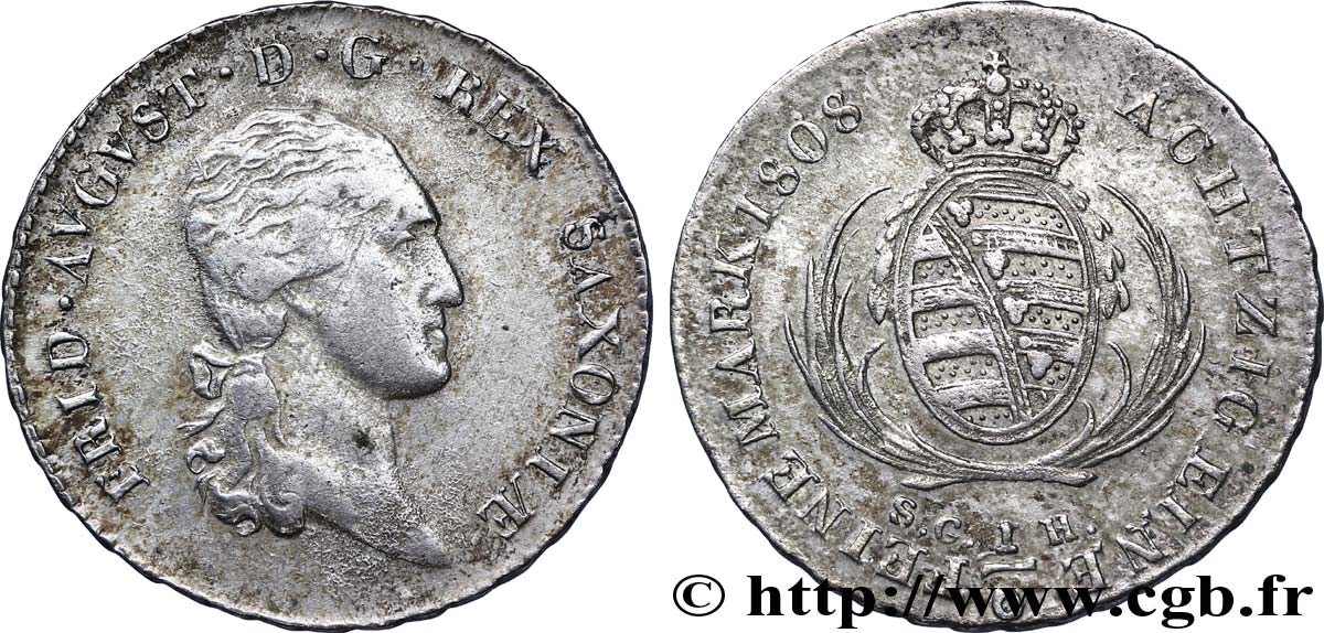 GERMANY - SAXONY 1/6 Thaler Frédéric-Auguste, roi de Saxe/ blason 1808  XF 