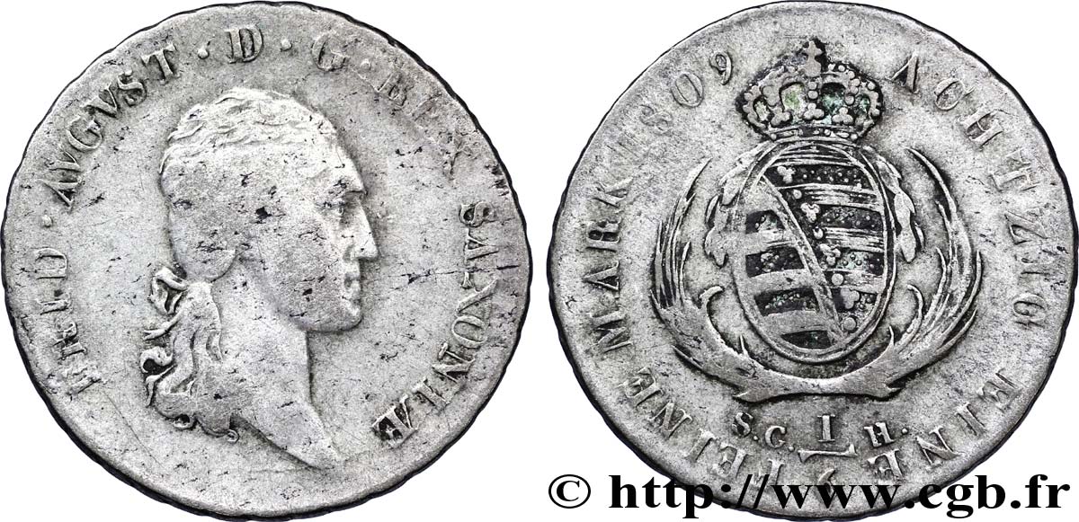 GERMANIA - SASSONIA 1/6 Thaler Frédéric-Auguste, roi de Saxe/ blason 1809  MB 
