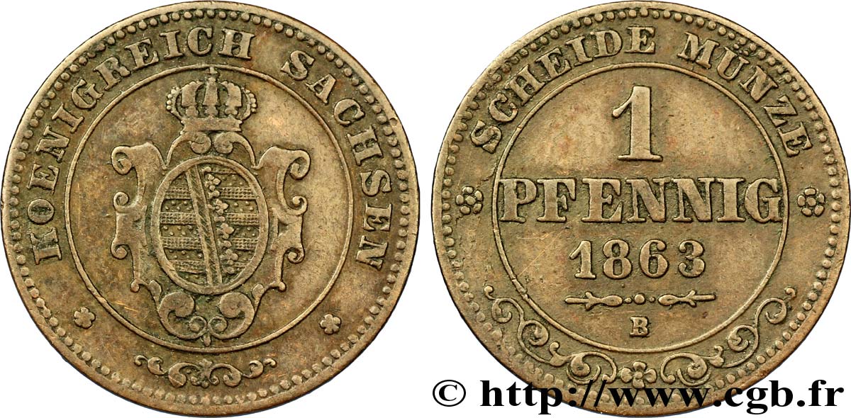 ALEMANIA - SAJONIA 1 Pfennig Royaume de Saxe, blason 1863 Dresde MBC 