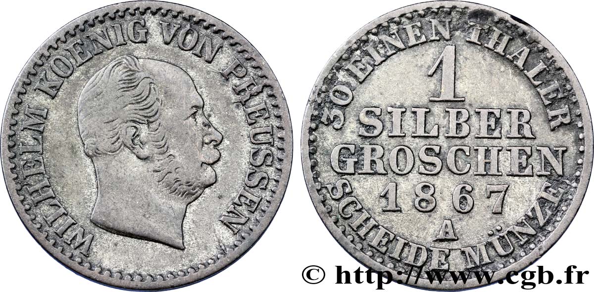 GERMANY 1 Silbergroschen (1/30 Thaler) Guillaume 1867 Berlin XF 