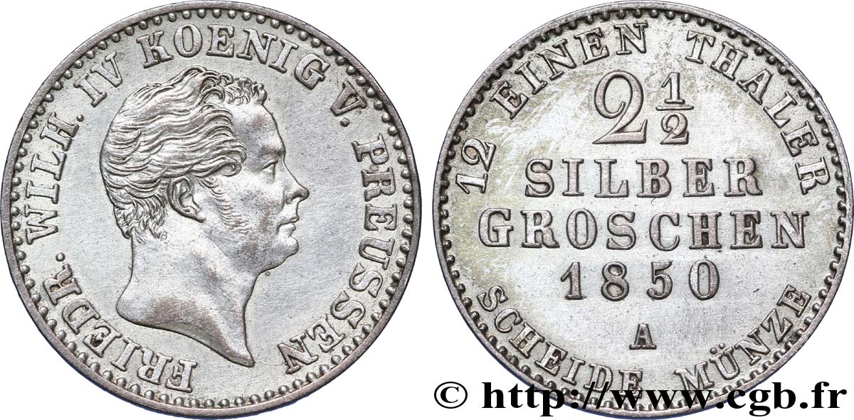 GERMANY - PRUSSIA 2 1/2 Silbergroschen Royaume de Prusse Frédéric Guillaume IV 1850 Berlin AU 