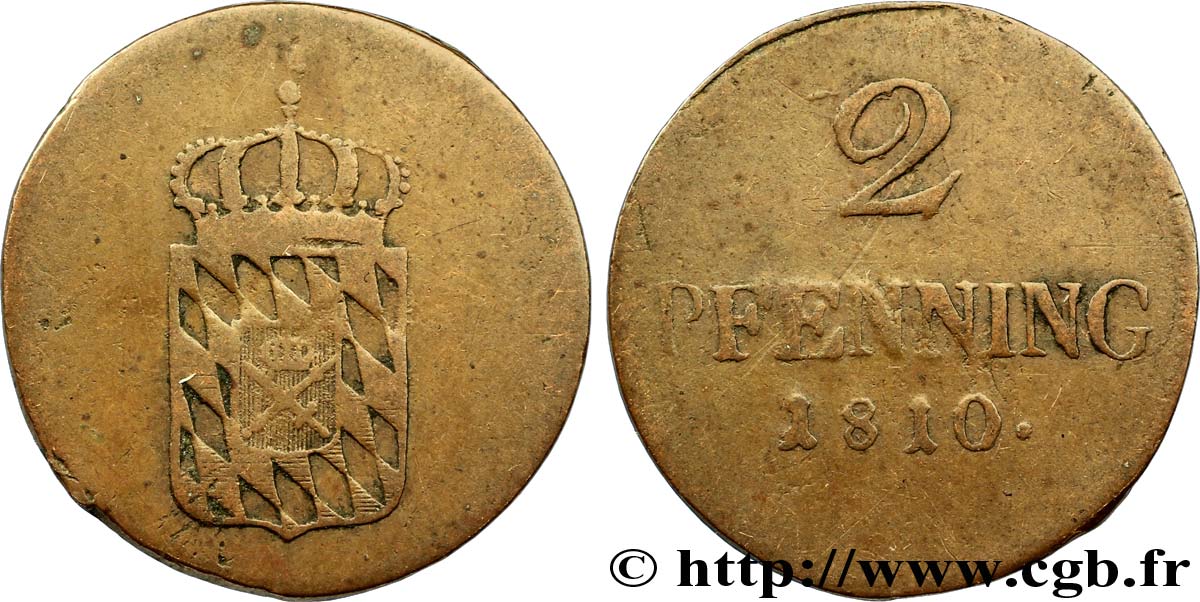 ALEMANIA - BAVIERA 2 Pfennige Royaume de Bavière, écu couronné 1810  BC 