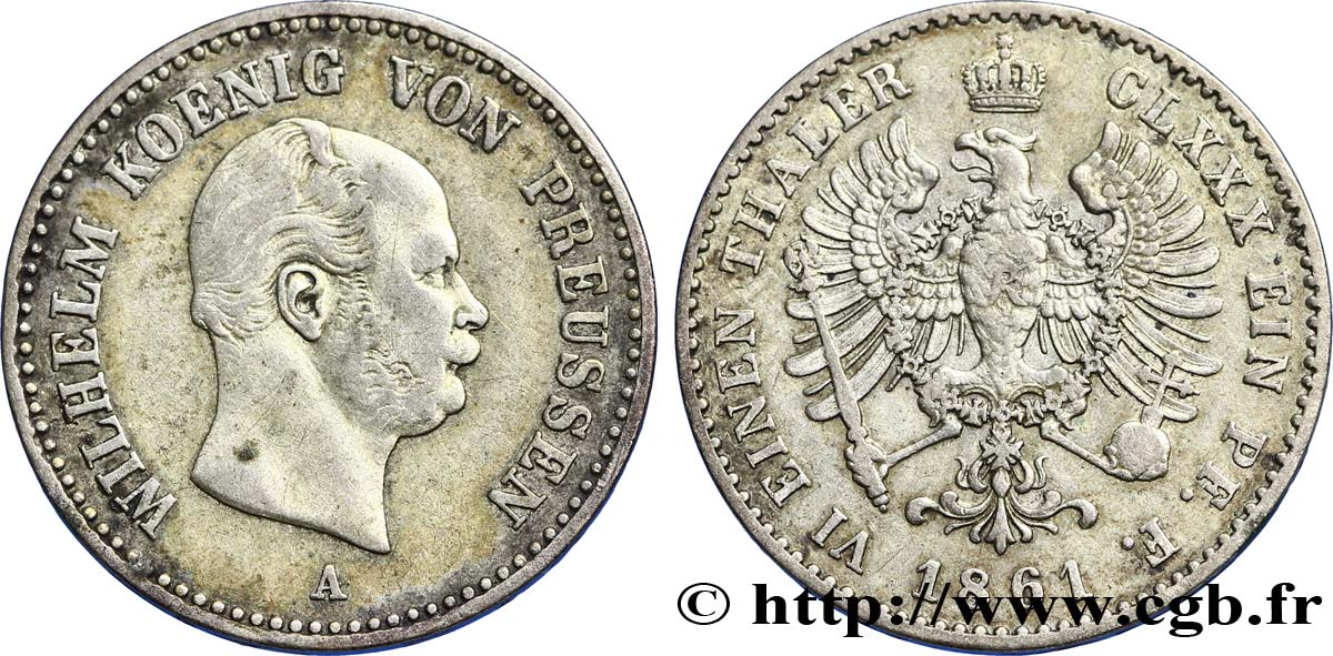 GERMANIA - PRUSSIA 1/6 Thaler Guillaume roi de Prusse / aigle couronné 1861 Berlin BB 