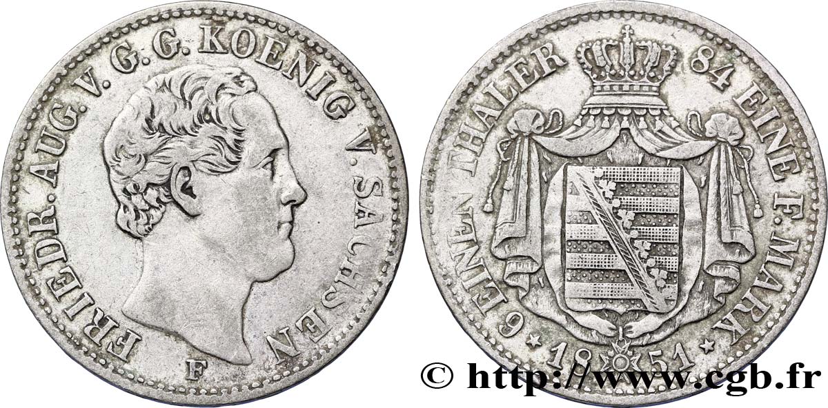 GERMANY - SAXONY 1/6 Thaler Royaume de Saxe Frédéric Auguste II / blason 1851 Dresde XF 