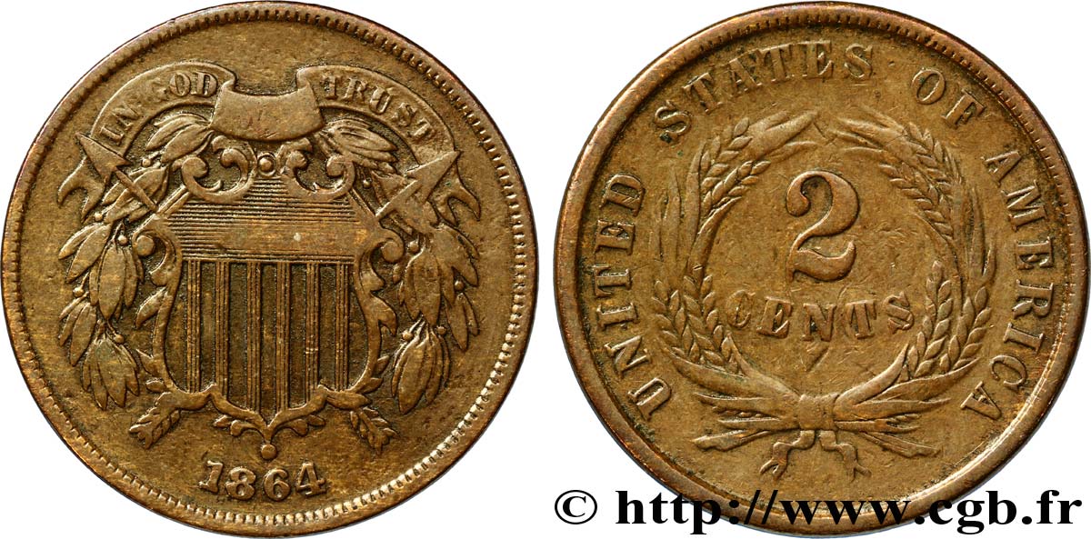 ESTADOS UNIDOS DE AMÉRICA 2 Cents 1864 Philadelphie BC+ 