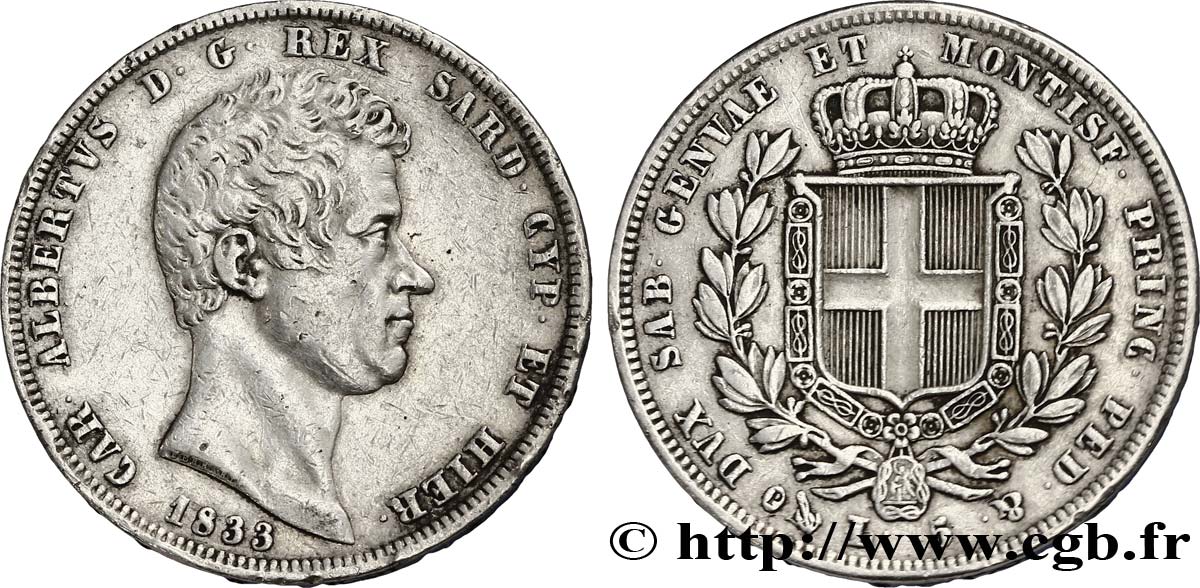 ITALIA - REINO DE CERDEÑA 5 Lire Charles Albert, roi de Sardaigne 1833 Gênes MBC 
