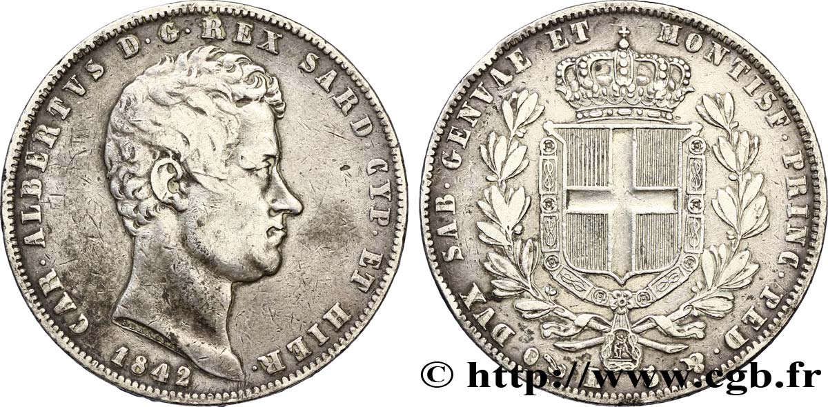 ITALIEN - KÖNIGREICH SARDINIEN 5 Lire Charles Albert, roi de Sardaigne 1842 Gênes SS 