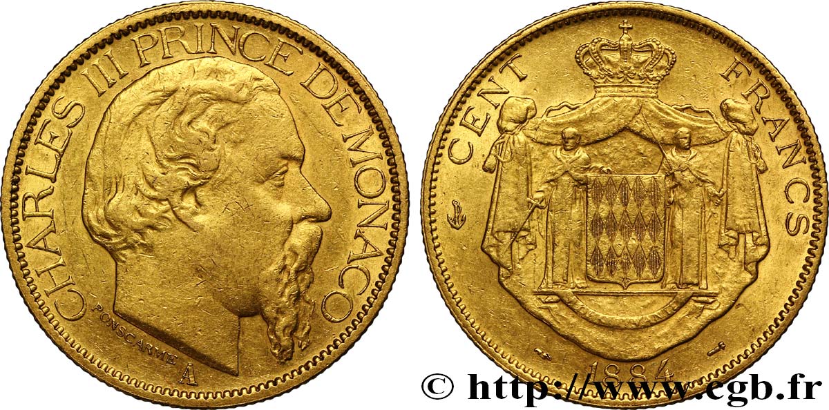 MONACO 100 Francs or Charles III / écu couronné 1884 Paris AU 