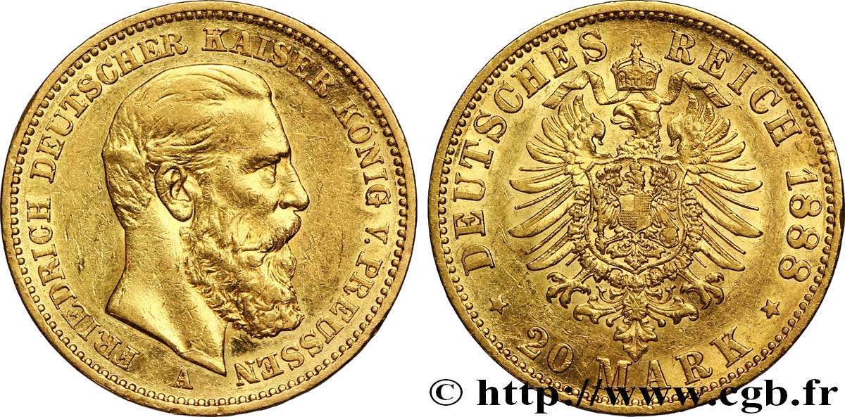ALEMANIA - PRUSIA 20 Mark Frédéric III 1888 Berlin EBC 
