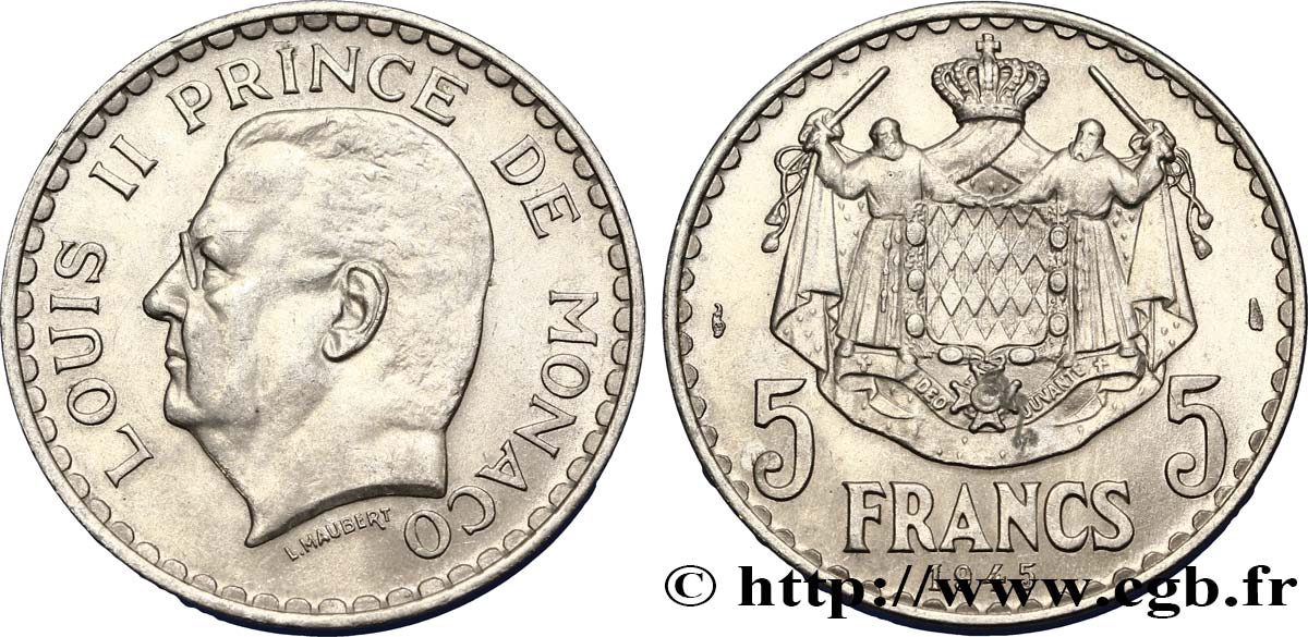 MONACO 5 Francs Louis II / armoiries 1945 Paris SUP 