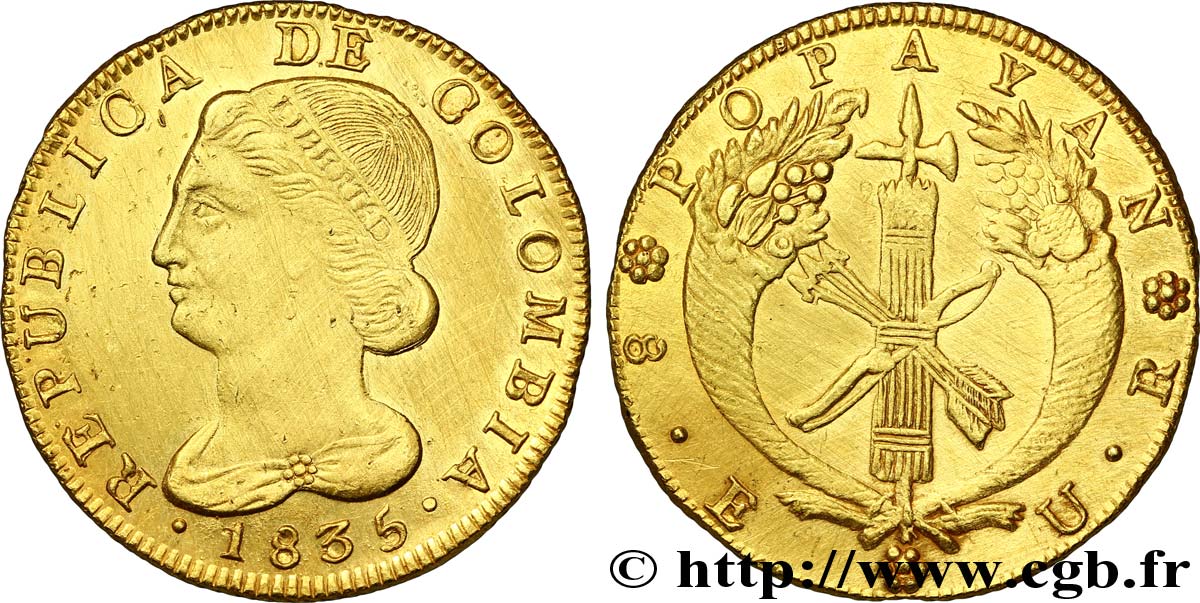 COLOMBIA 8 Escudos en or 1835 Popayan MBC 