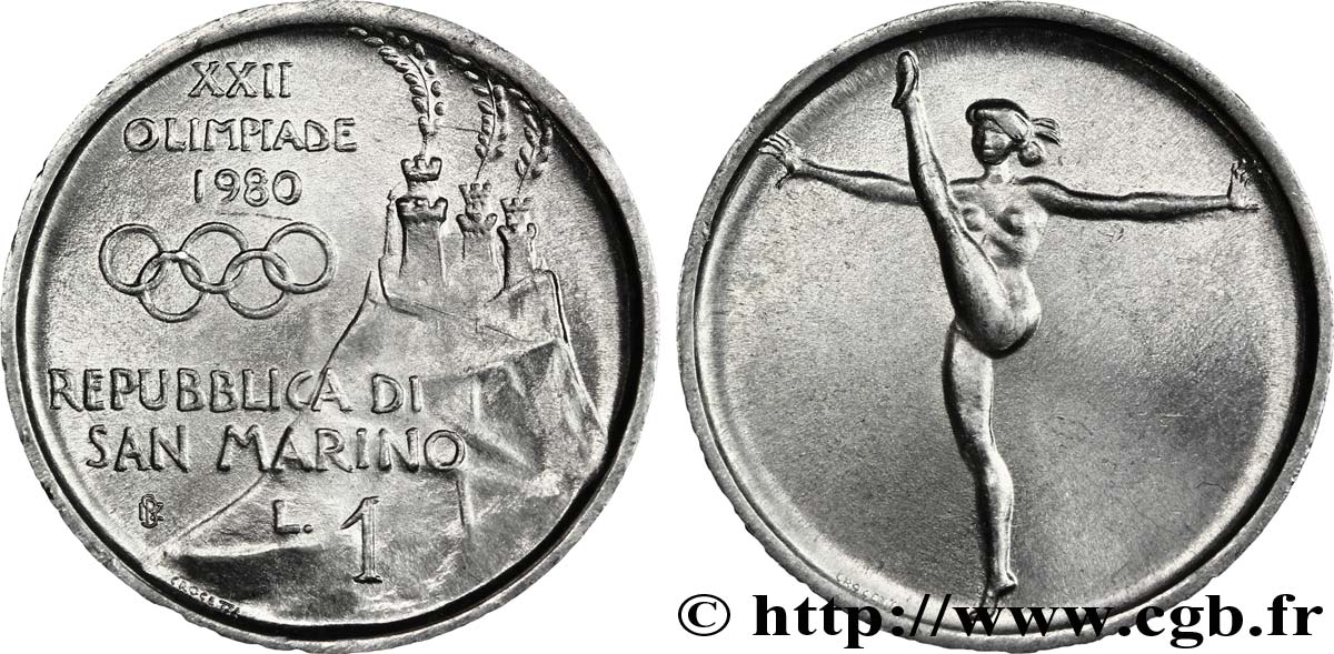 SAN MARINO 1 Lire emblème 3 tours Jeux Olympiques de 1980 : gymnaste 1980  MS 
