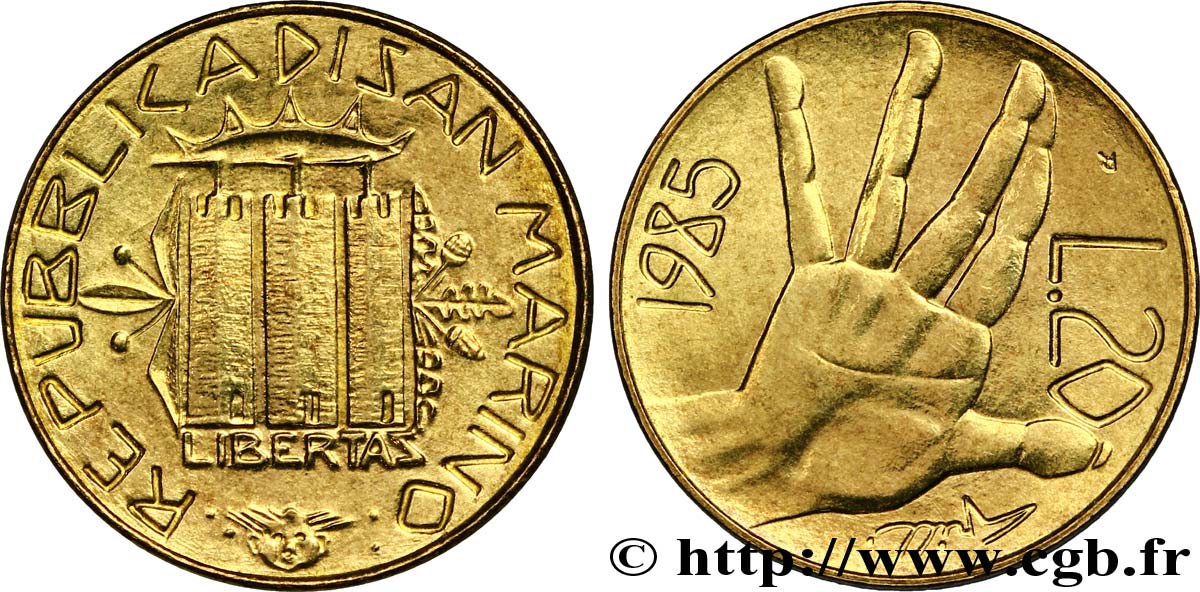 SAINT-MARIN 20 Lire armes / main 1985 Rome - R SPL 