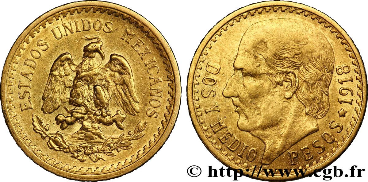 MESSICO 2 1/2 Pesos or Aigle du Mexique / Miguel Hidalgo 1918 Mexico SPL 