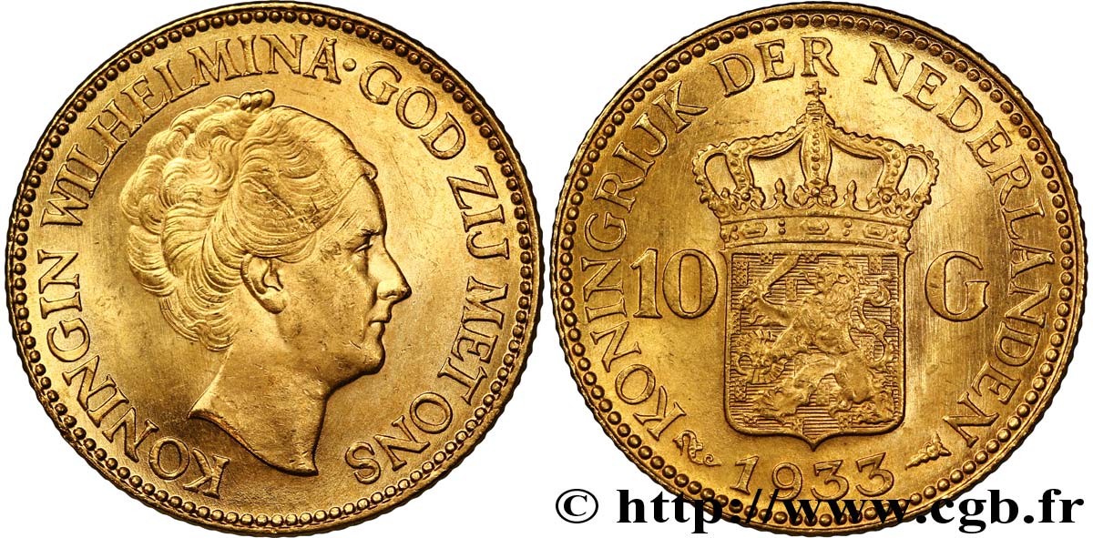 PAESI BASSI 10 Gulden 4e type Wilhelmina 1933 Utrecht SPL 