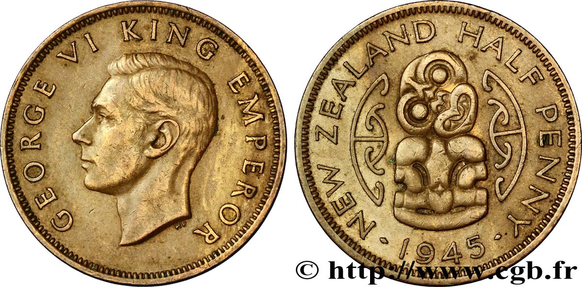 NOUVELLE-ZÉLANDE 1/2 Penny George VI / pendentif maori Hei Tiki 1945  SUP 