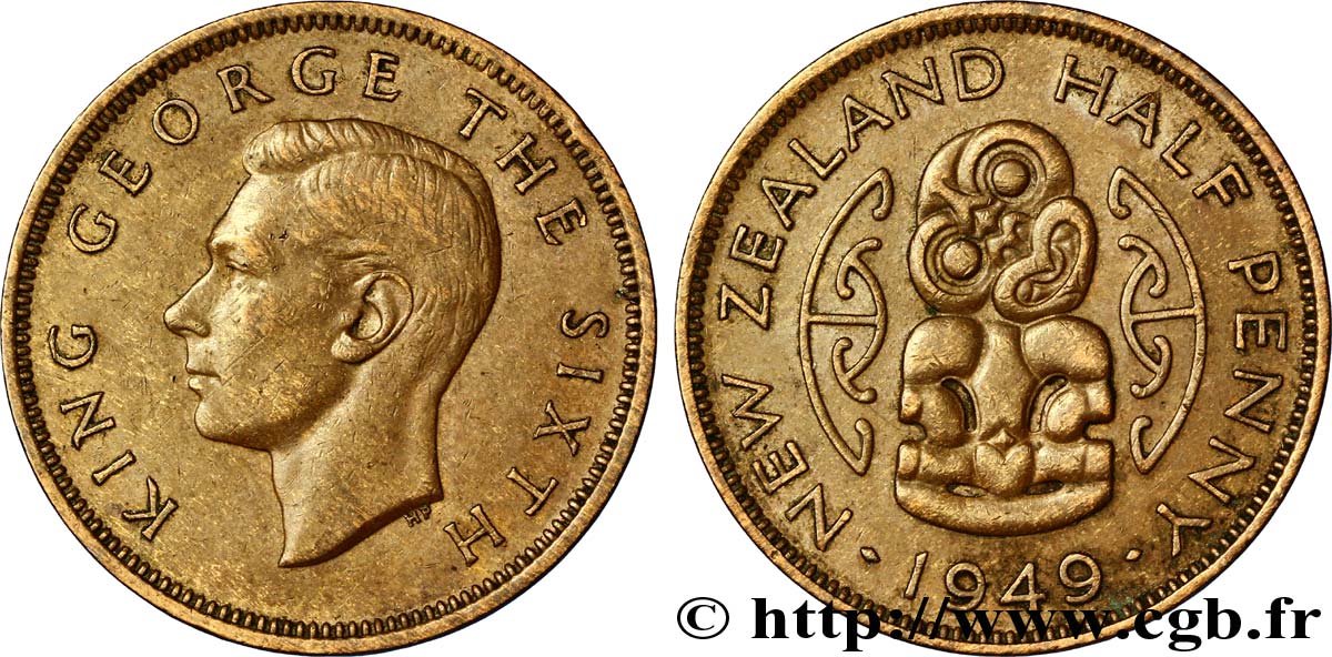 NUOVA ZELANDA
 1/2 Penny George VI / pendentif maori Hei Tiki 1949  SPL 