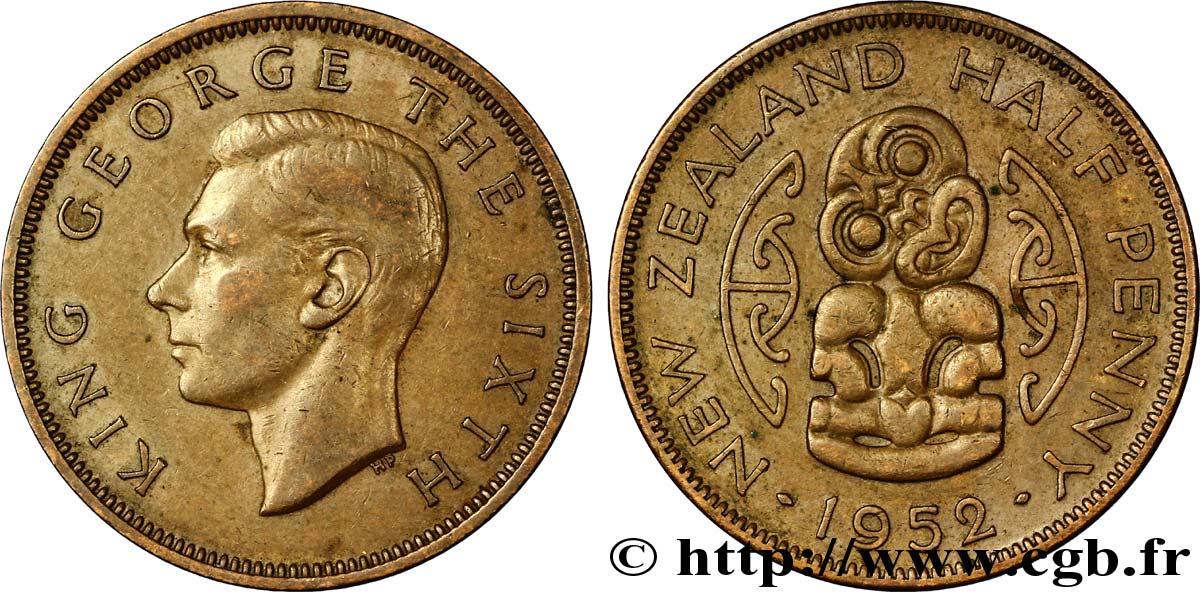 NUEVA ZELANDA
 1/2 Penny George VI / pendentif maori Hei Tiki 1952  MBC+ 