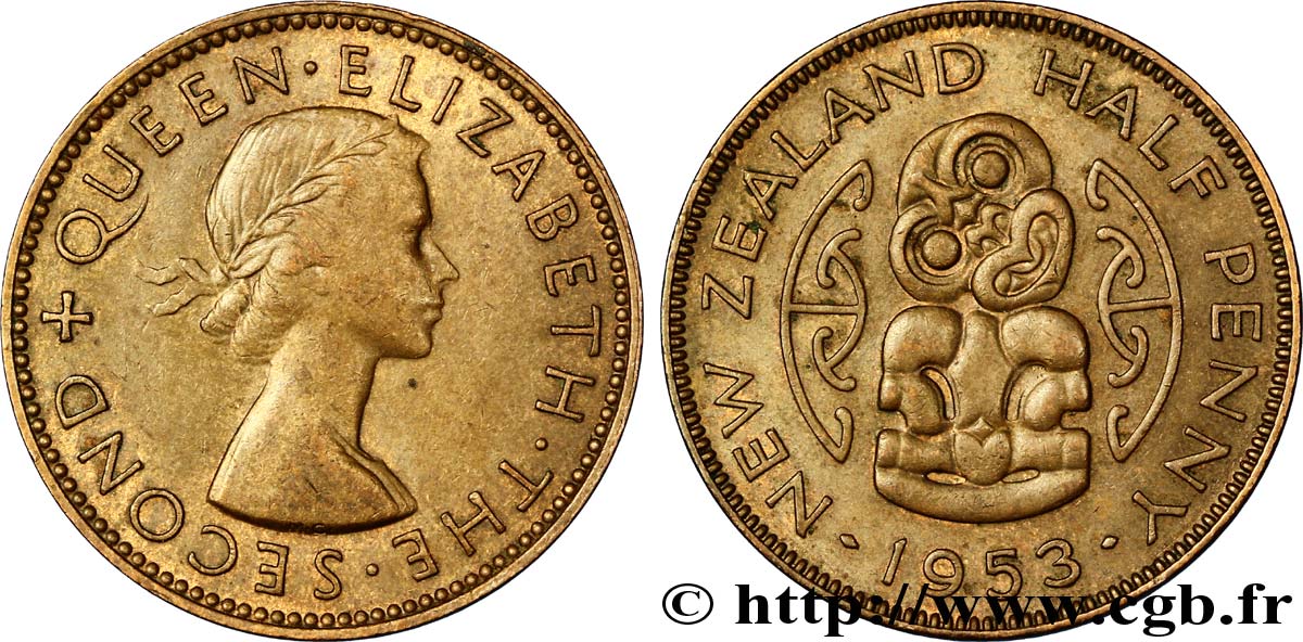 NUOVA ZELANDA
 1/2 Penny Elisabeth II / pendentif maori Hei Tiki 1953  SPL 