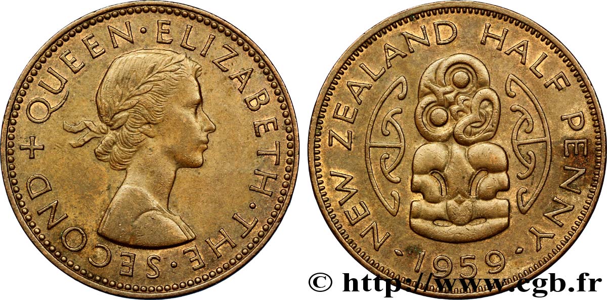 NUEVA ZELANDA
 1/2 Penny Elisabeth II / pendentif maori Hei Tiki 1959  EBC 