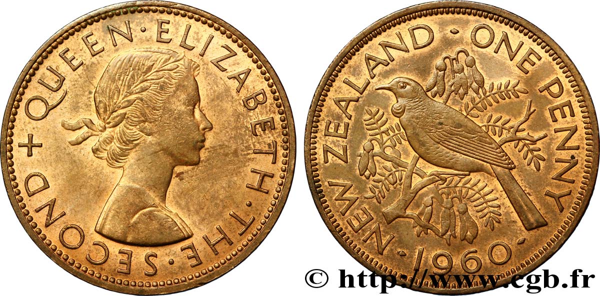 NUEVA ZELANDA
 1 Penny Elisabeth II / oiseau Tui 1960  EBC 