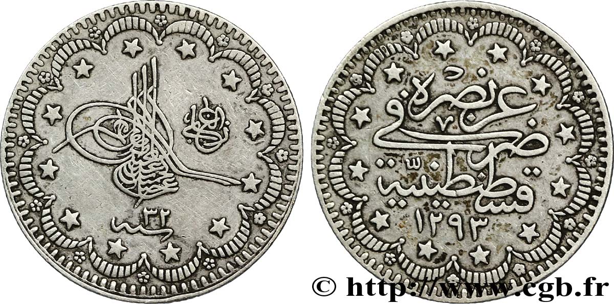TURQUíA 5 Kurush au nom de Abdul Hamid II AH1293 an 32 1906 Constantinople MBC 