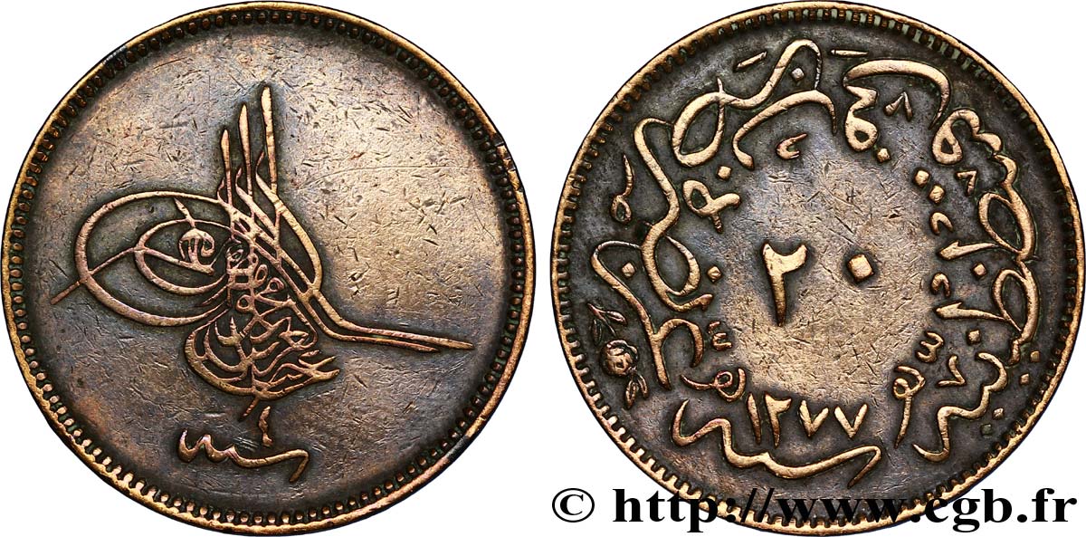 TÜRKEI 20 Para au nom de Abdulaziz AH1277 / an 4 1864 Constantinople SS 
