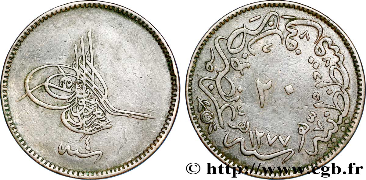 TÜRKEI 20 Para au nom de Abdulaziz AH1277 / an 4 1863 Constantinople SS 