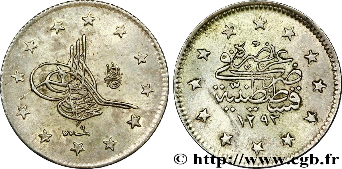 TURKEY 2 Kurush au nom de Abdul Hamid II AH 1293 an 9 1883 Constantinople AU 