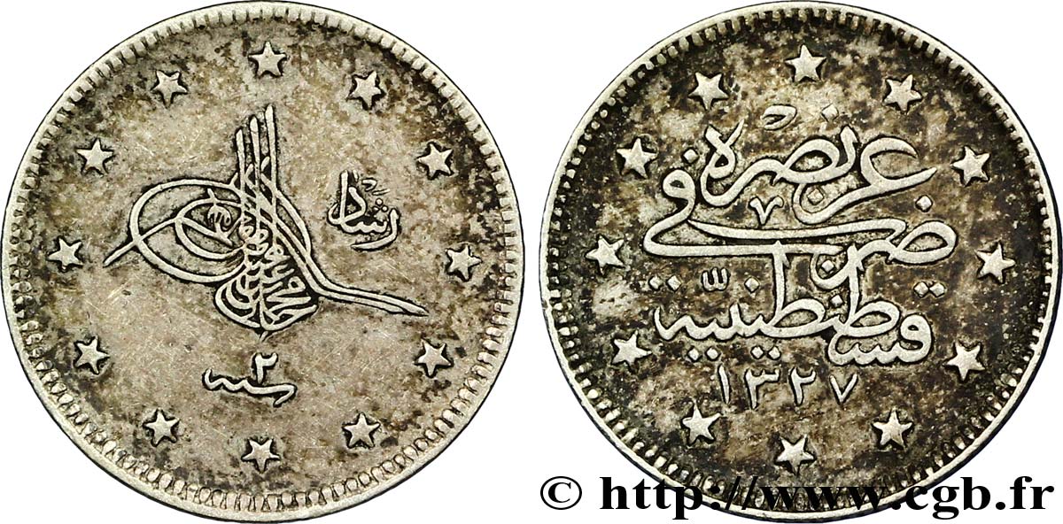 TURKEY 1 Kurush Muhammad V AH 1327 an 2 1910 Constantinople XF 