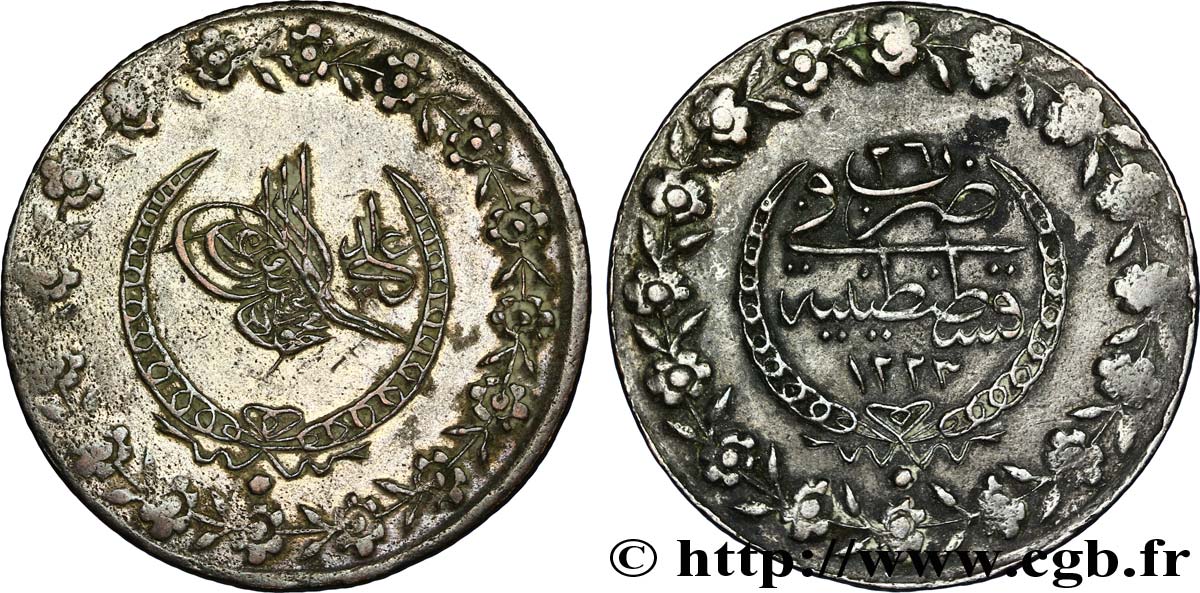 TURQUíA 5 Kurush au nom de Mahmud II AH1223 / an 26 1832 Constantinople MBC 