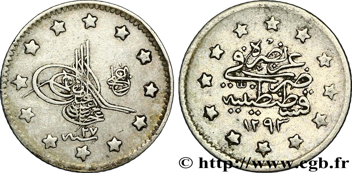 TURQUíA 1 Kurush au nom de Abdul Hamid II AH 1293 an 27 1901 Constantinople MBC 