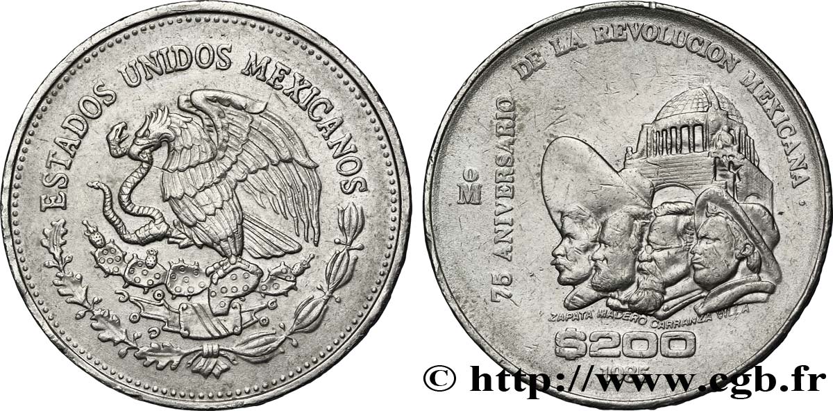 MÉXICO 200 Pesos 75e anniversaire de la révolution : Zapata, Madera, Carranza et Villa 1985  MBC 