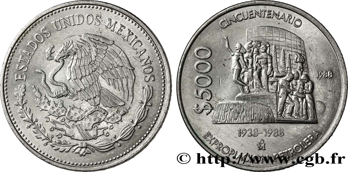 MEXIKO 5000 Pesos 50e anniversaire de l’expropriation pétrolière 1988 Mexico VZ 