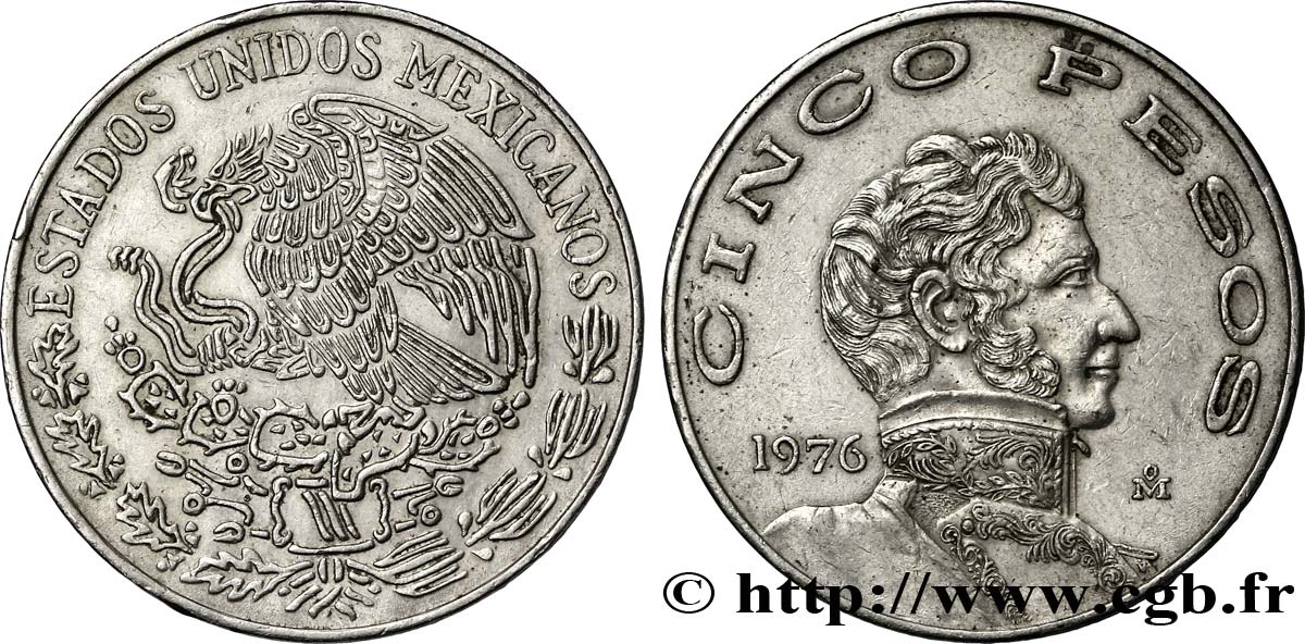 MEXICO 5 Pesos aigle mexicain / Vicente Guerrero variété à petite date 1976 Mexico AU 