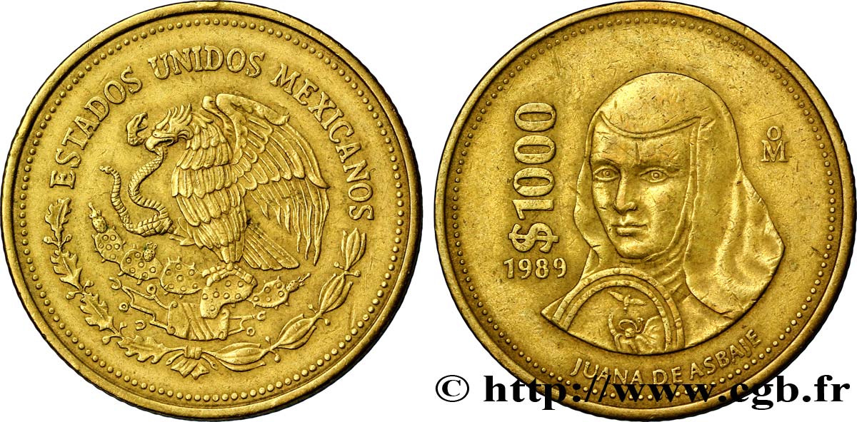 MEXIKO 1000 Pesos aigle mexicain / la soeur Juana de Asbaje 1990 Mexico VZ 