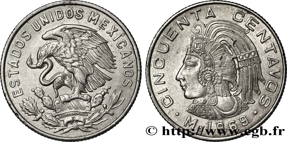 MEXICO 50 Centavos aigle / roi Cuauhtemoc 1969 Mexico AU 