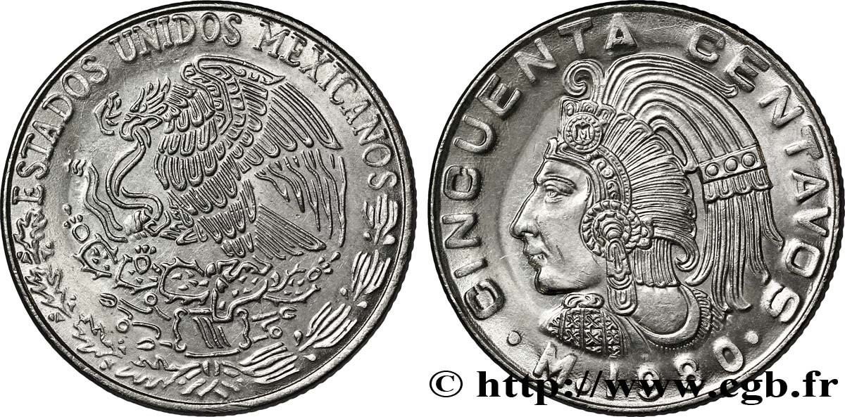 MÉXICO 50 Centavos aigle / roi Cuauhtemoc, variété date large 1980 Mexico SC 