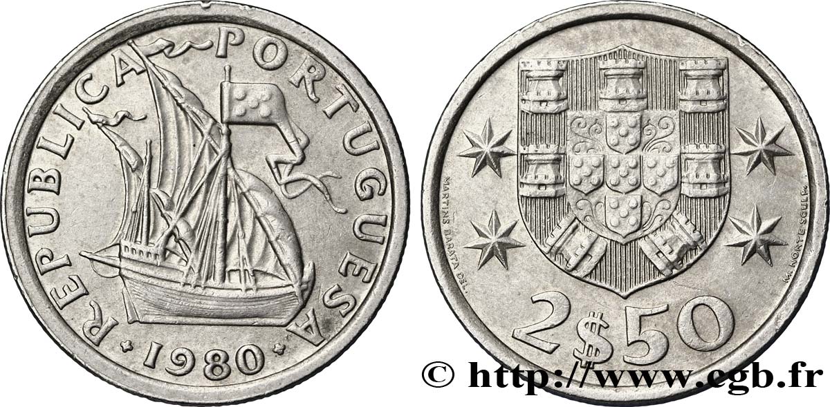 PORTUGAL 2 1/2 Escudos emblème / voilier 1980  EBC 