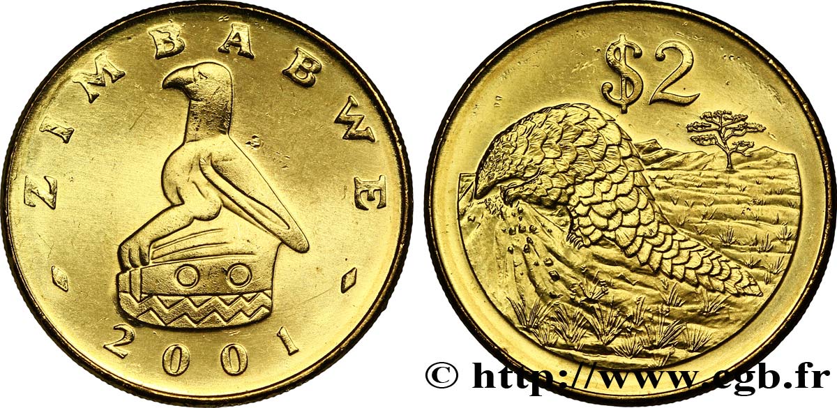 SIMBABWE 2 Dollars emblème à l’aigle / Pangolin 2001  fST 