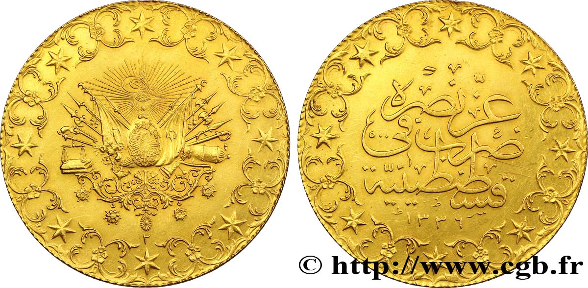 TURKEY 500 Kurush en or Sultan Mohammed VI AH 1336, An 2 1918 Constantinople AU 