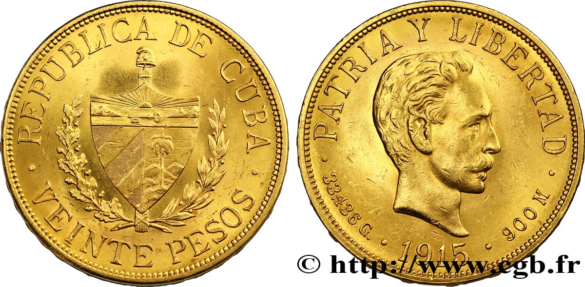KUBA 20 Pesos or emblème / José Marti 1915 Philadelphie VZ 